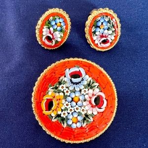 Vintage Italian Milifiori Micro Mosaic Brooch Clip Earrings Set Signed Italy EUC